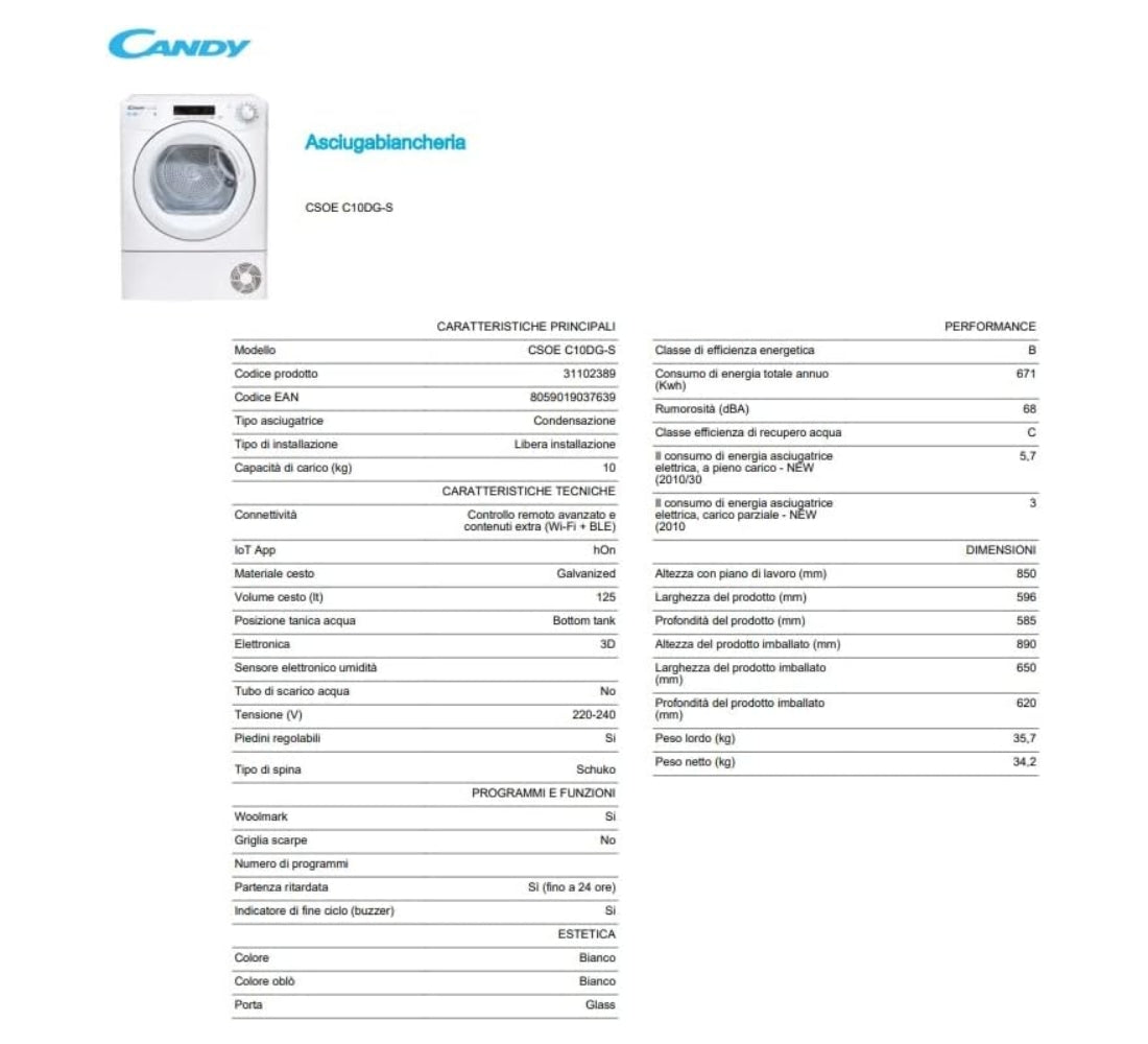 Asciugatrice a Condensazione 10 kg Candy Smart Pro CSOE C10DG-S Wi-Fi App hOn