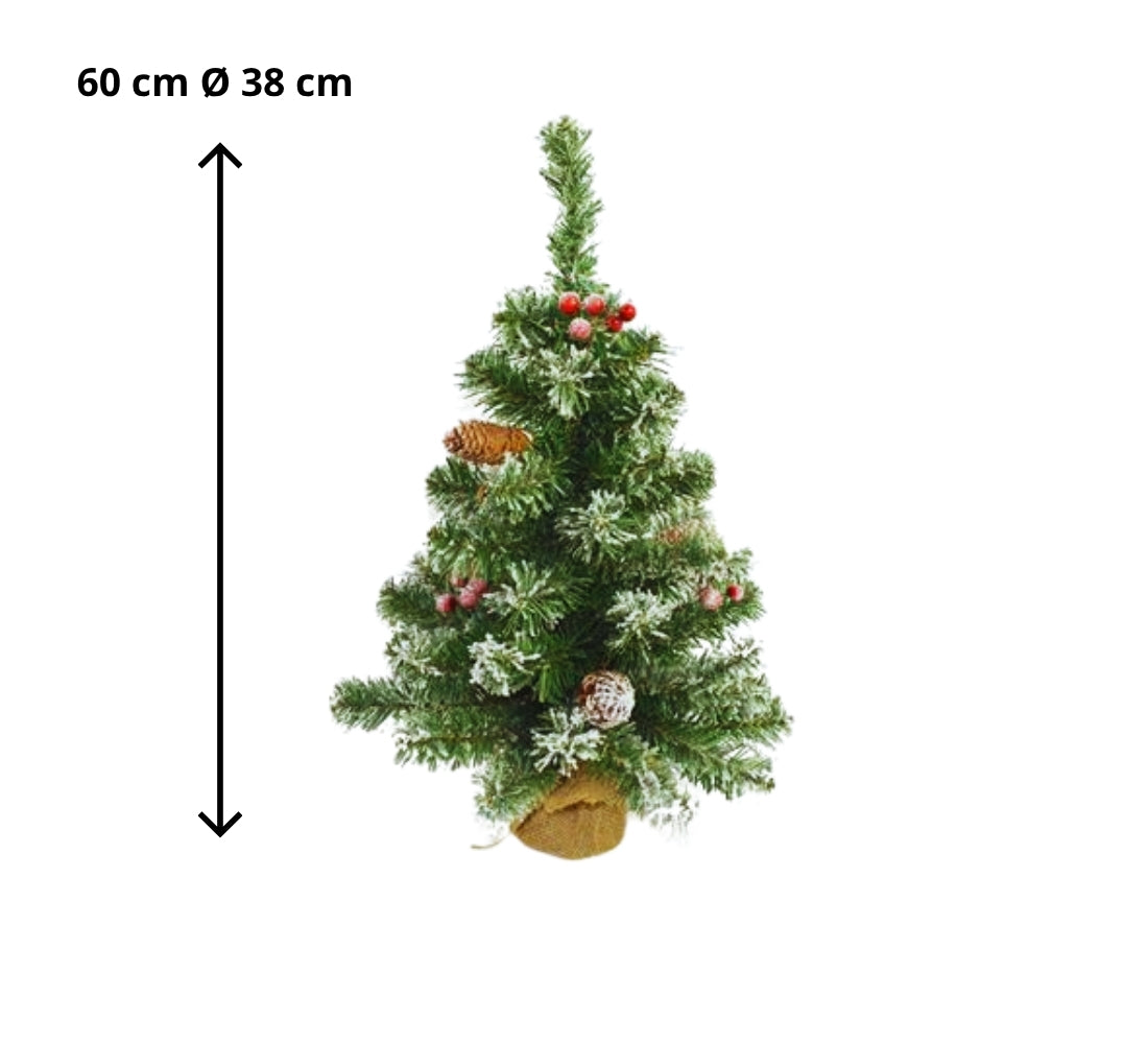 Albero di Natale innevato con Bacche e Pigne Piede in yuta 60 cm Ø 38 cm