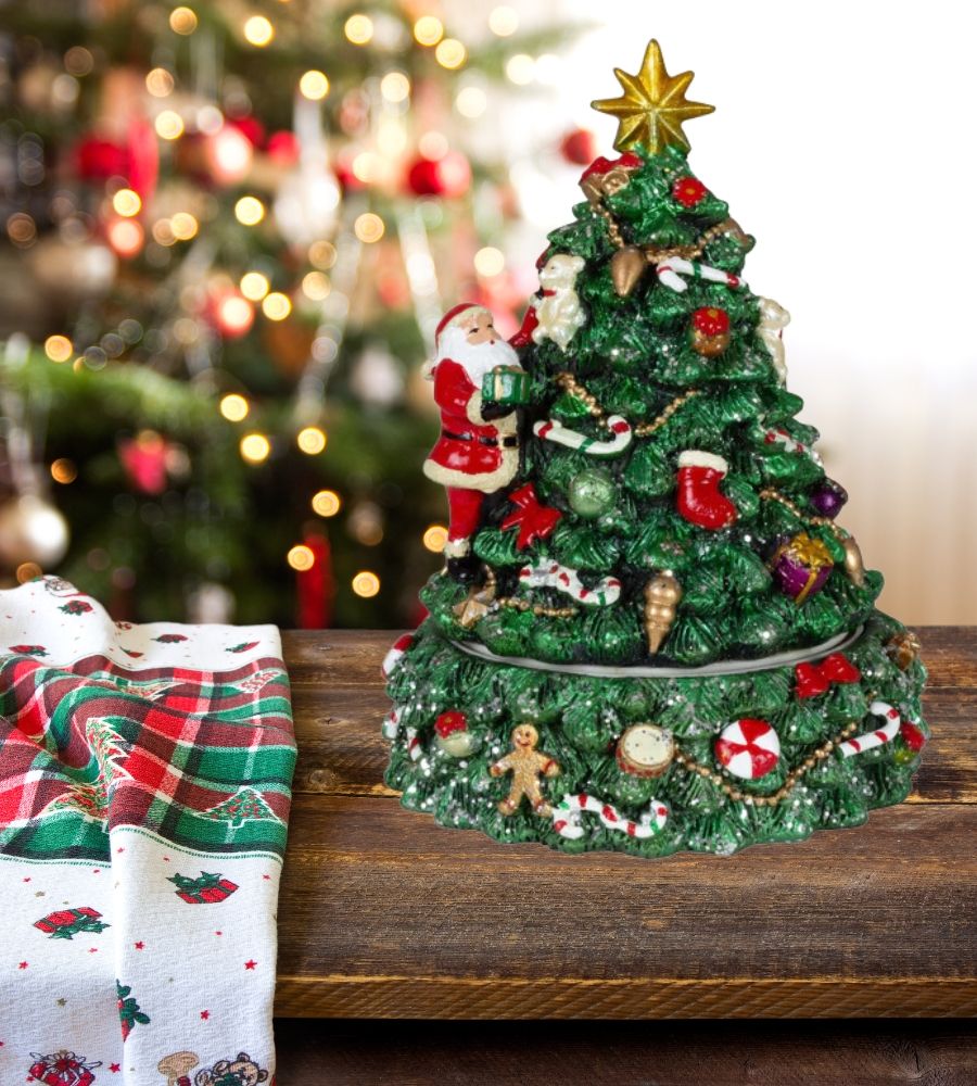 Carillon Albero di Natale Addobbato con Movimento Rotatorio e Musica 16h x 12 cm