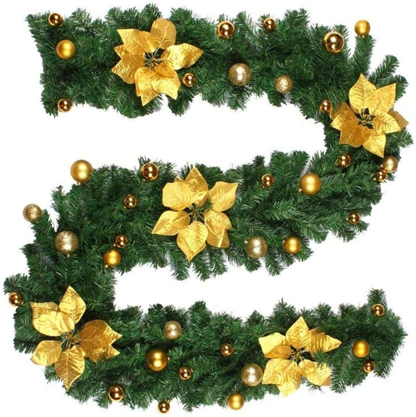 Ghirlanda Folta 2 Metri Addobbata Natalizia Fiori e Palline Oro Decorazioni di Natale Fair