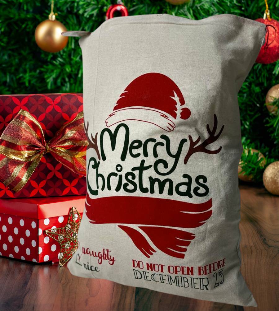 Sacco in Juta per Regali di Natale Sacca Babbo Natale Decorata 70 x 50 cm