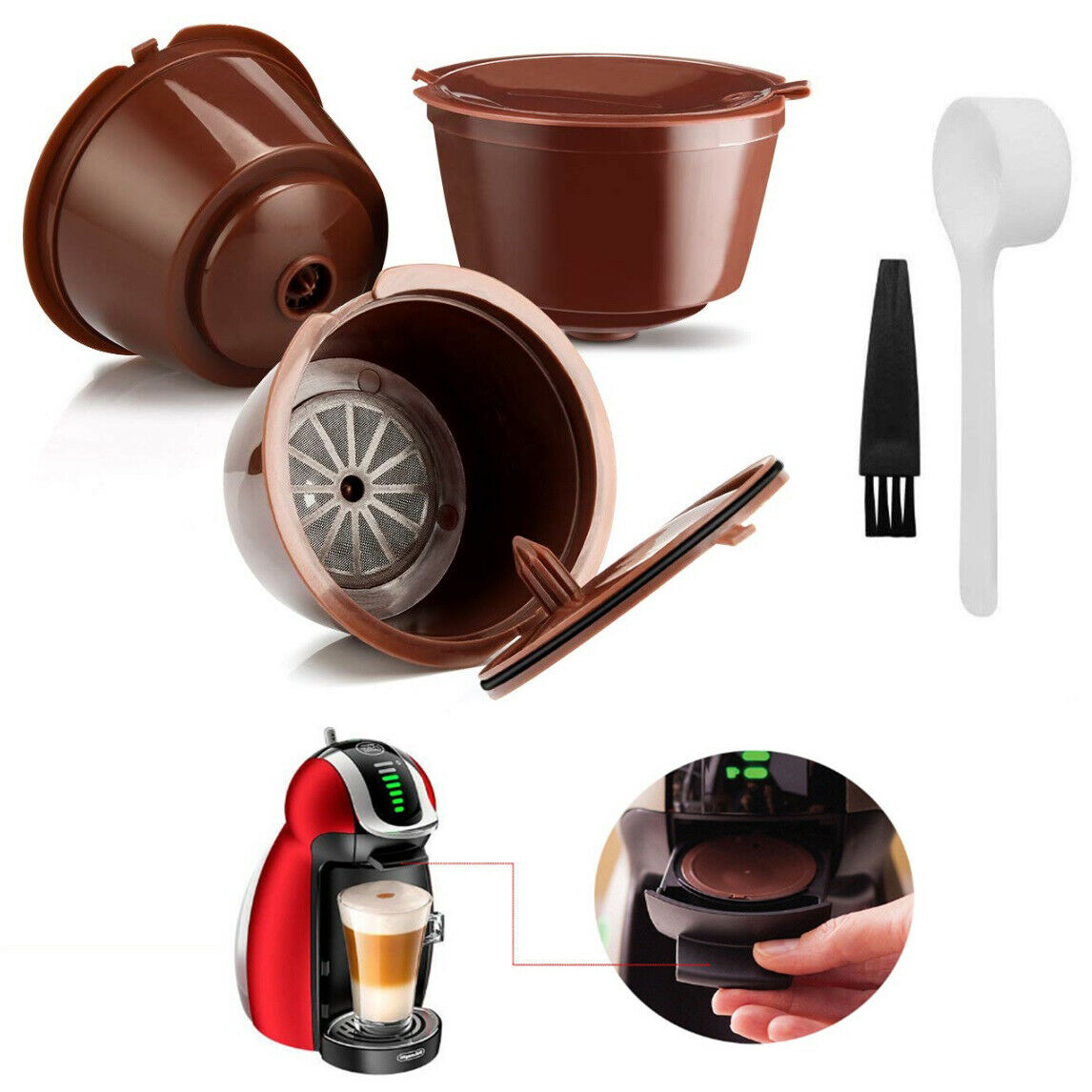 Set 5 Capsule Caffe' Riutilizzabili DOLCE GUSTO con Spazzola e Dosatore