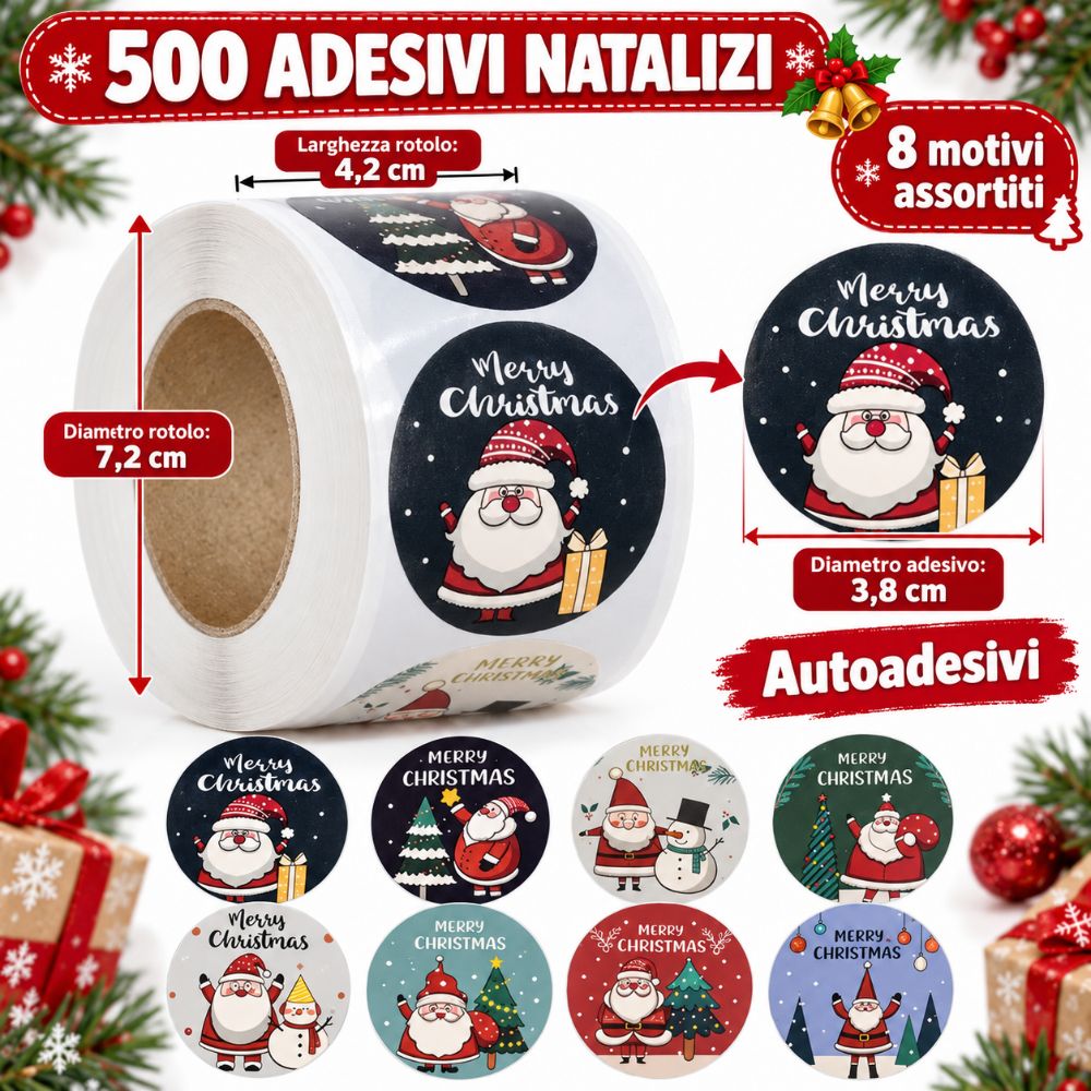 500 Adesivi Natalizi Tondi 3,8 cm 8 Motivi Merry Christmas Regali Buste
