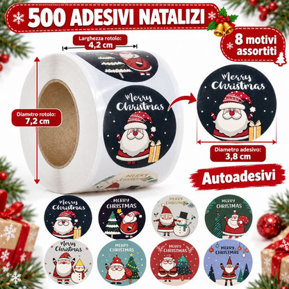 500 Adesivi Natalizi Tondi 3,8 cm 8 Motivi Merry Christmas Regali Buste