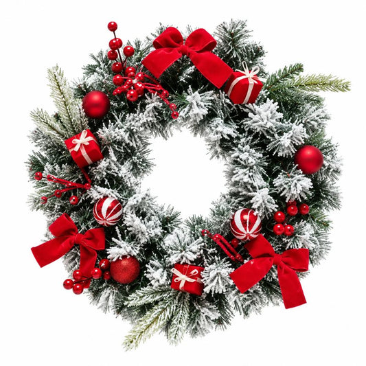 Ghirlanda Natalizia Innevata 40 cm Fuoriporta Fiocchi Palline e Pacchi Regalo