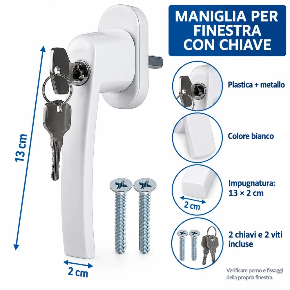 Maniglia Finestra con Serratura Bianca 2 Chiavi e Viti per Infissi 13 cm