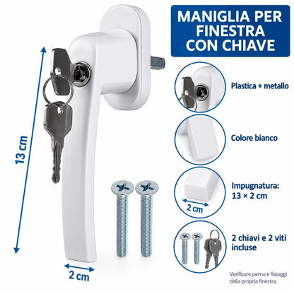 Maniglia Finestra con Serratura Bianca 2 Chiavi e Viti per Infissi 13 cm