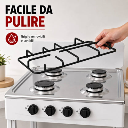 Fornello Gas 4 Fuochi con Ripiani Acciaio Cucina Esterno Mobile Compatto Bianco