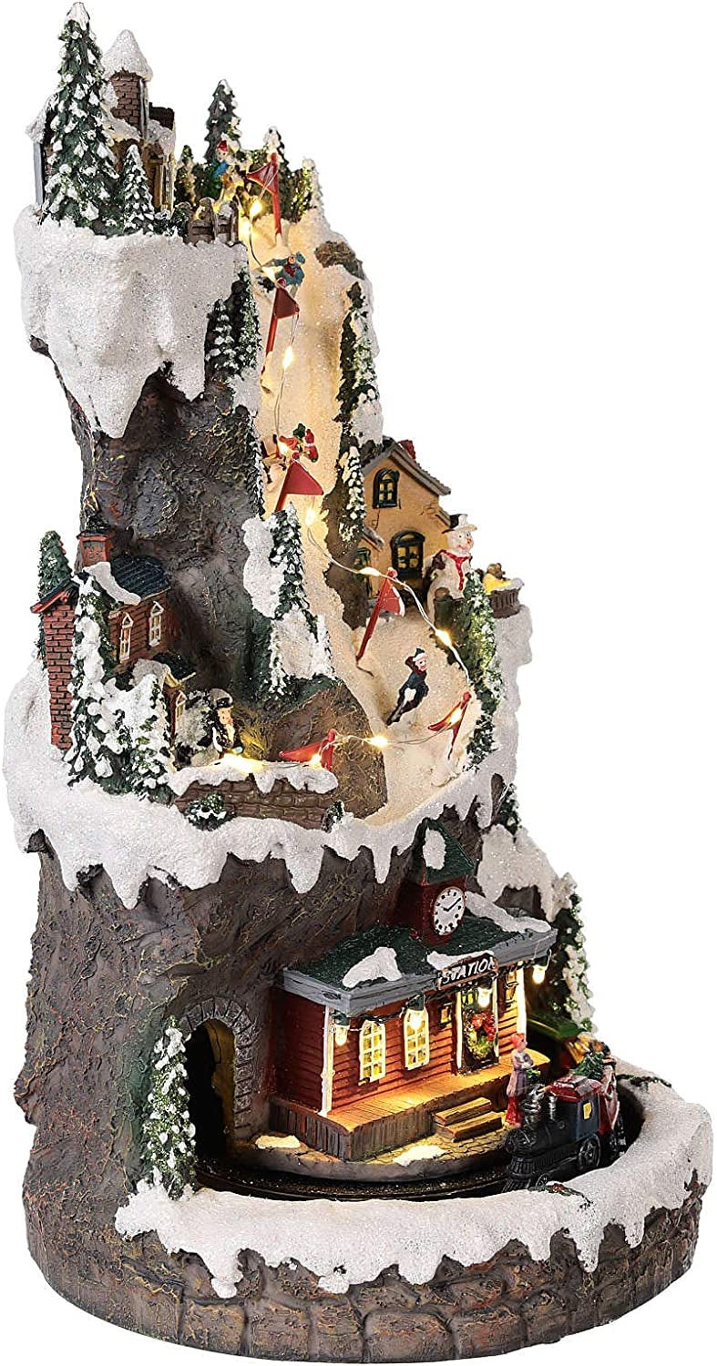 Villaggio Natalizio Paesaggio Pista Sci Trenino Luci Suoni Movimento 33x20 cm