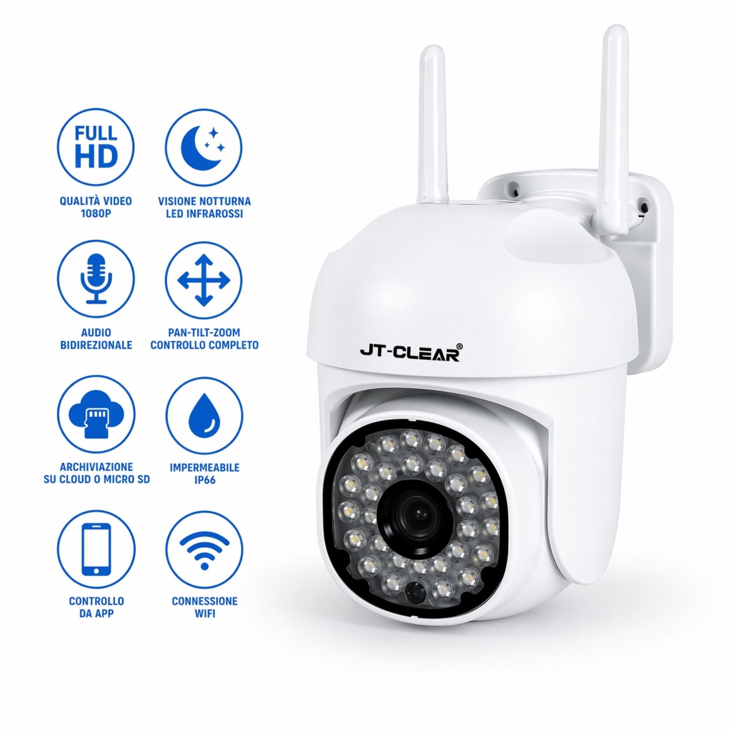 Telecamera WiFi Interno Esterno IP66 1080P HD PTZ Visione Notturna Audio App JT
