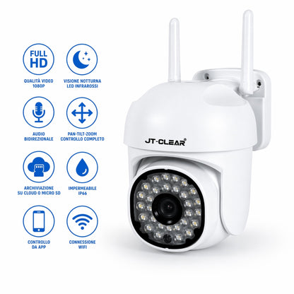 Telecamera WiFi Interno Esterno IP66 1080P HD PTZ Visione Notturna Audio App JT
