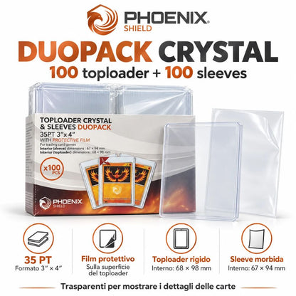 100 Toploader Crystal + 100 Sleeves Proteggi Carte Pokemon TCG Phoenix Shield