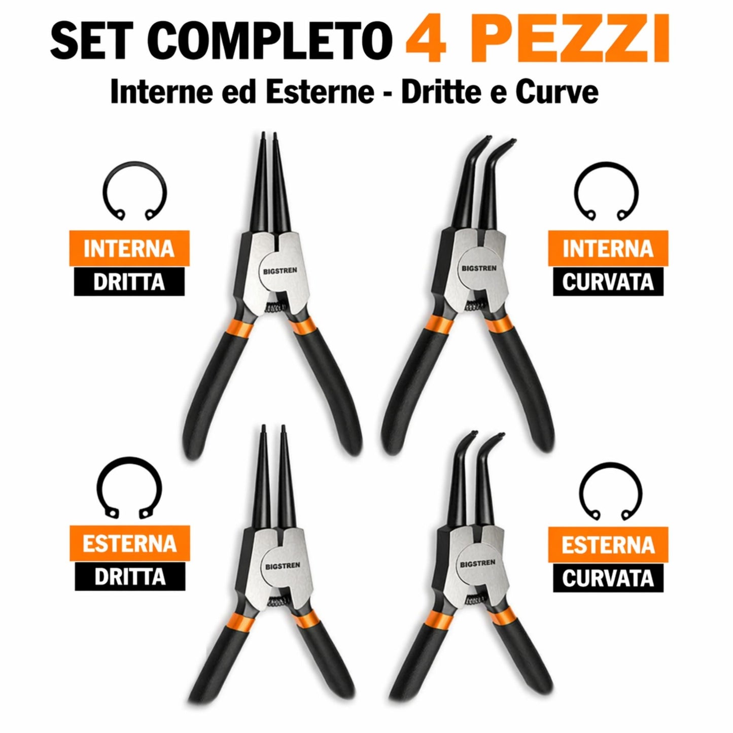SET 4 Pinze Seeger Anelli Elastici Fermi Interne Esterne Dritte Curve Acciaio