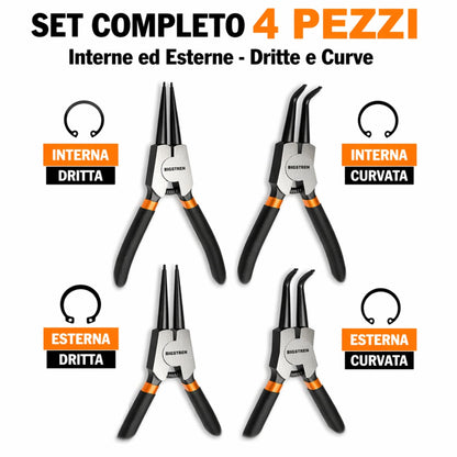 SET 4 Pinze Seeger Anelli Elastici Fermi Interne Esterne Dritte Curve Acciaio
