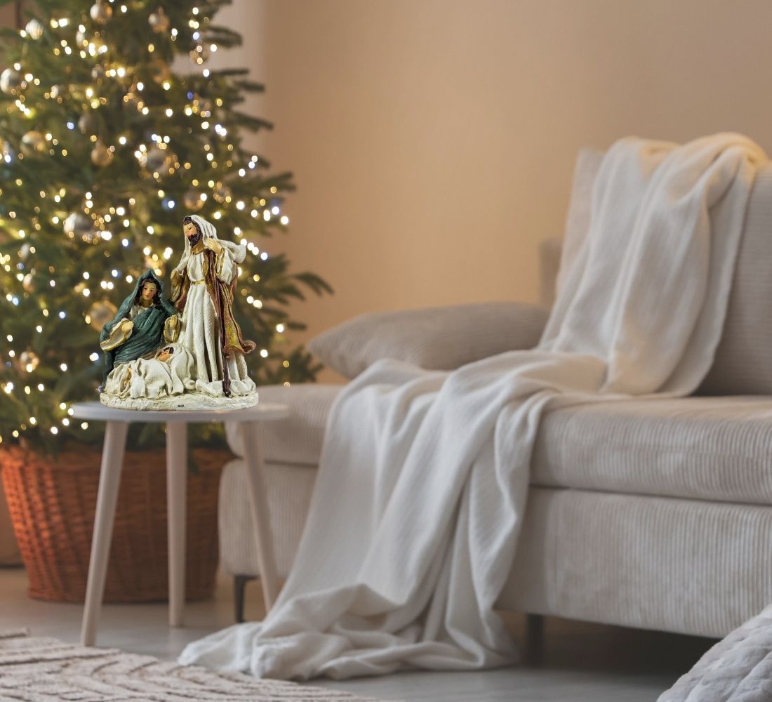 Natività Presepe Statuina Effetto Juta Giuseppe Madonna Gesù Bambino 18x15 cm