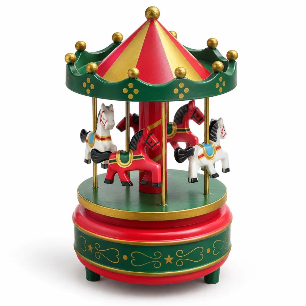 Giostrina Natalizia Carillon Cavalli Verde Rosso Oro Decorazione Casa da Tavolo