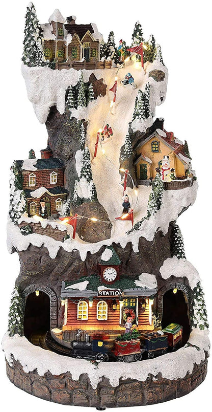 Villaggio Natalizio Paesaggio Pista Sci Trenino Luci Suoni Movimento 33x20 cm