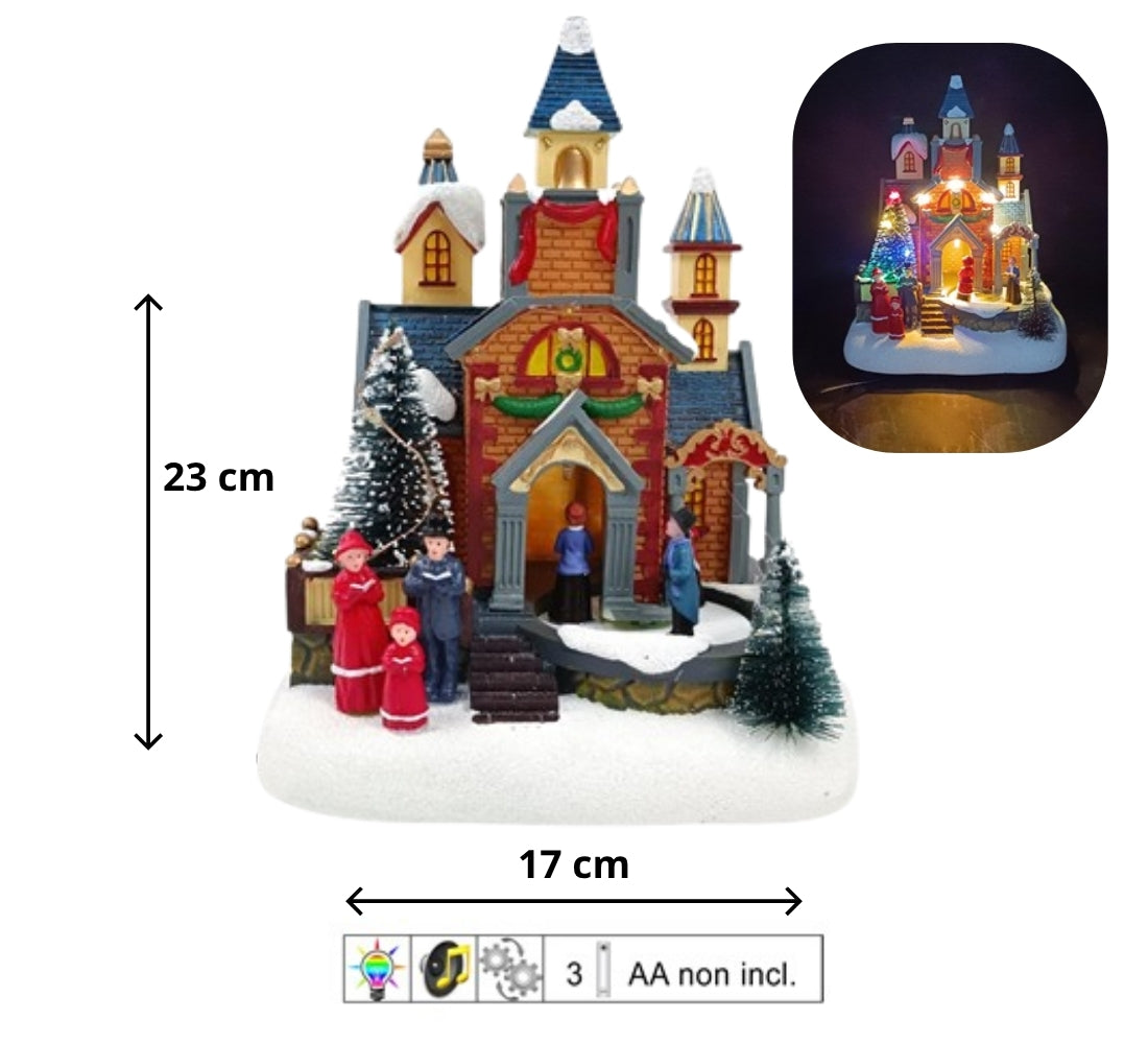 Giostrina Natalizia Chiesa con Personaggi in Movimento Luci LED Musica di Natale