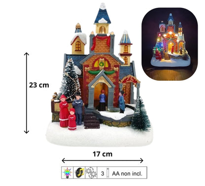 Giostrina Natalizia Chiesa con Personaggi in Movimento Luci LED Musica di Natale