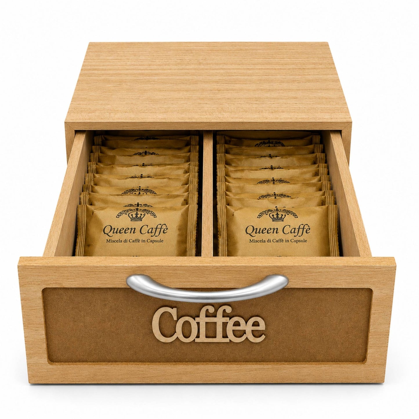 Cassetto Porta Cialde Caffè Legno Scuro 2 Scomparti 30x20x10cm Maniglia Coffee