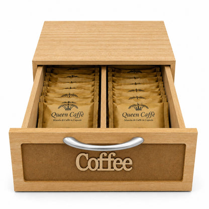 Cassetto Porta Cialde Caffè Legno Scuro 2 Scomparti 30x20x10cm Maniglia Coffee