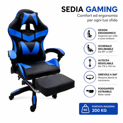 Sedia Gaming Poltrona Scrivania Ufficio Casa Reclinabile Poggiapiedi Blu/Black