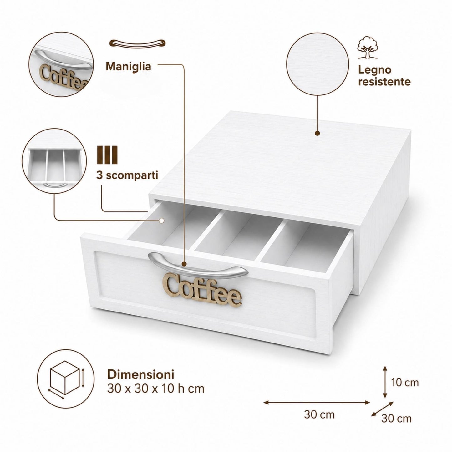 Cassetto Porta Cialde Capsule in Legno Organizer Cucina 30x30x10 cm Bianco