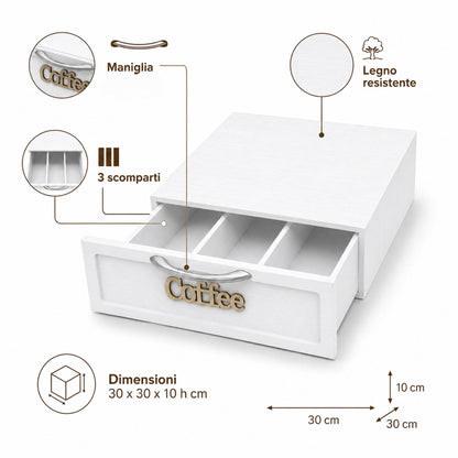 Cassetto Porta Cialde Capsule in Legno Organizer Cucina 30x30x10 cm Bianco