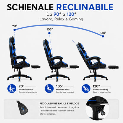 Sedia Gaming Poltrona Scrivania Ufficio Casa Reclinabile Poggiapiedi Blu/Black