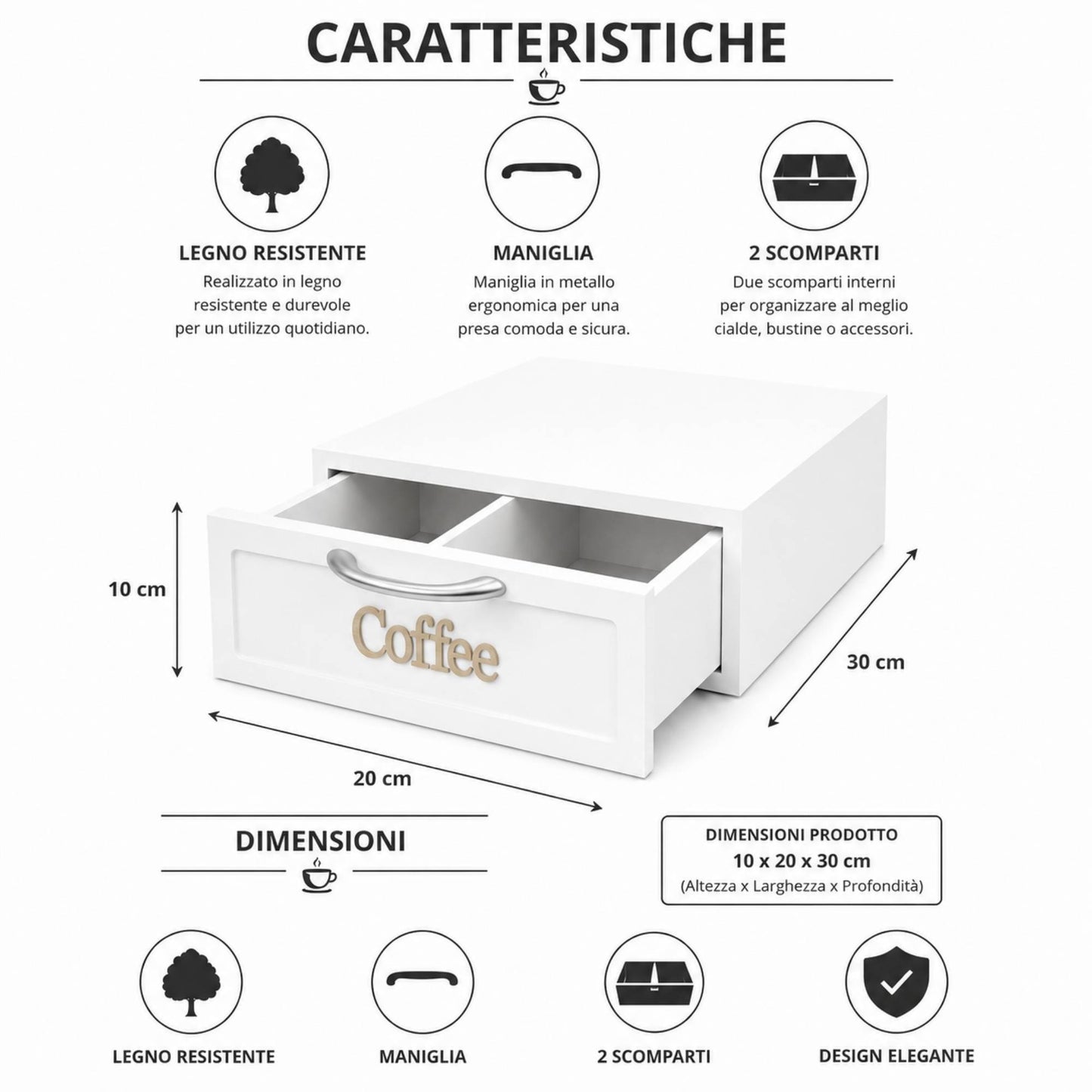 Cassetto Porta Cialde Caffè Legno Bianco 2 Scomparti 30x20x10cm Maniglia Coffee