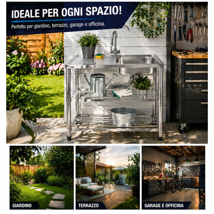 Lavello da Cucina Esterno Metallo con Rubinetto 75x40x83 cm Mobile Ripiani