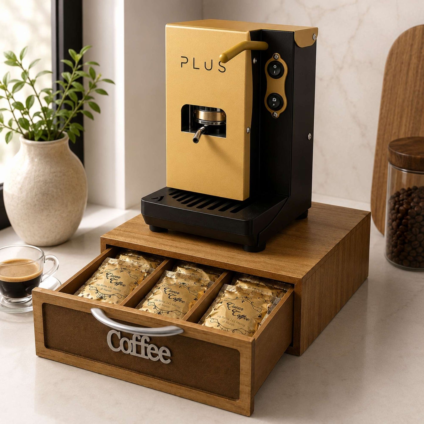 Cassetto Porta Cialde e Capsule Caffè 3 Scomparti Legno Scuro 30x30x10 cm