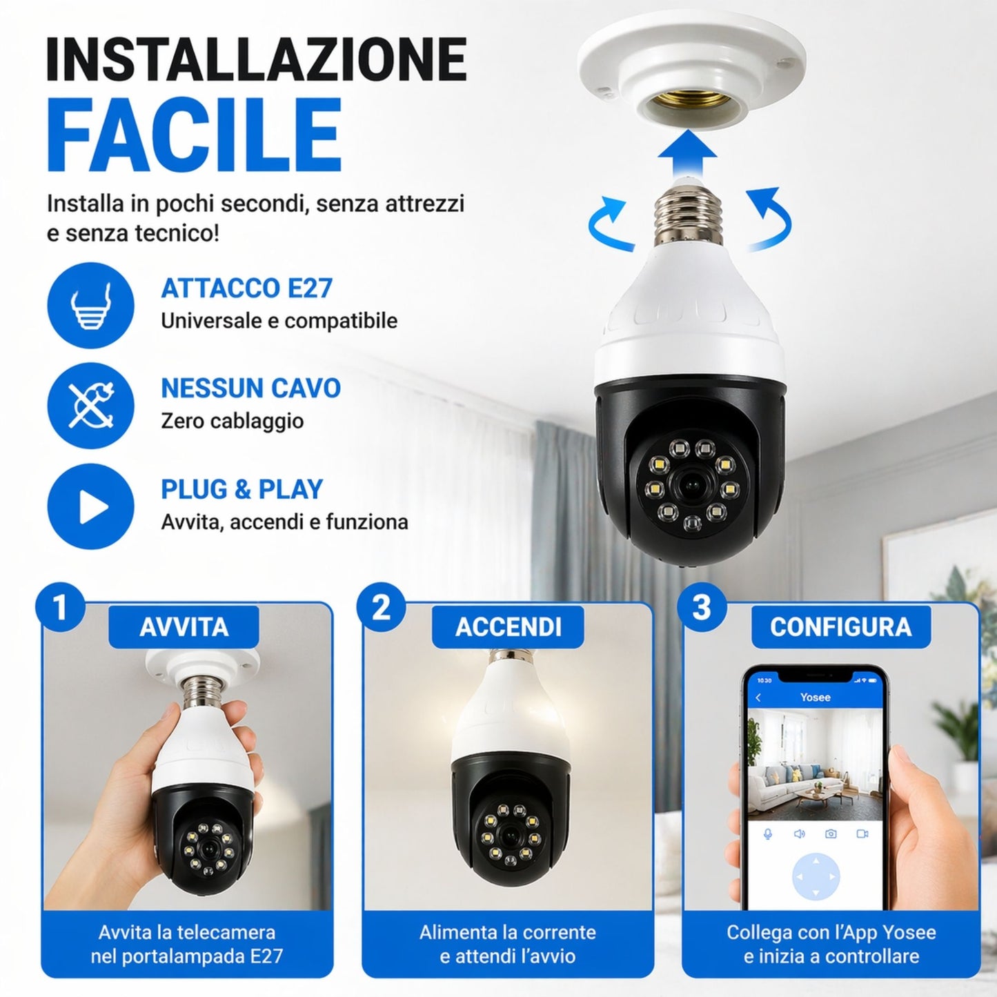Telecamera WiFi Lampadina 360° 1080P IP Bulb Camera E27 Visione Notturna