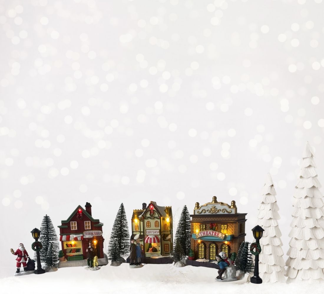 Villaggio Natalizio Casette Personaggi Alberi Natale Scenario 17pz Luci LED