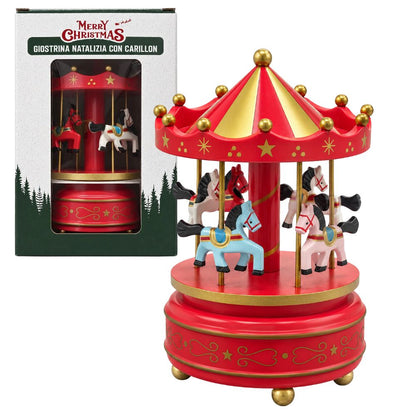 Giostrina Natalizia Carillon Cavalli Verde Rosso Oro Decorazione Casa da Tavolo