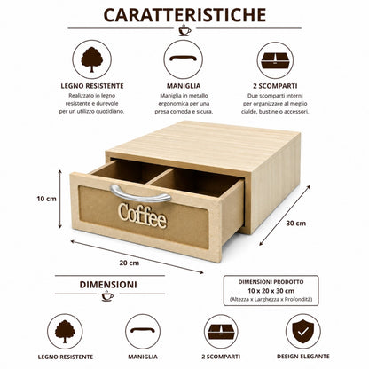 Cassetto Porta Cialde Caffè Legno Chiaro 2 Scomparti 30x20x10cm Maniglia Coffee