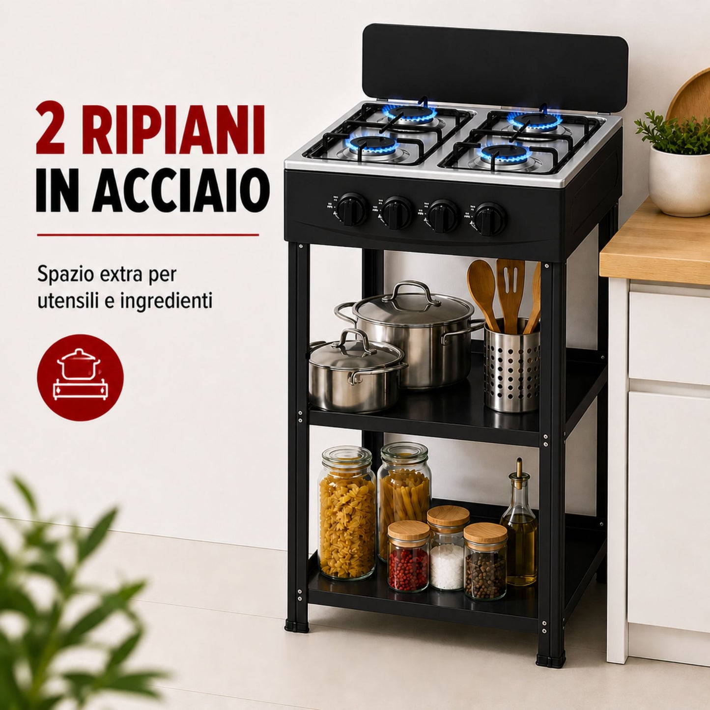 Fornello Gas 4 Fuochi con Ripiani Acciaio Cucina Esterno Mobile Compatto Nero