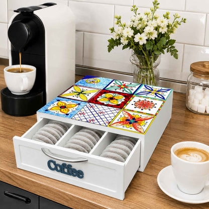Cassetto Porta Cialde Caffè 3 Scomparti Legno Bianco Maioliche Fiori 30x30x10 cm