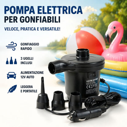 Pompa Elettrica 12V Auto Gonfiabili Materassini Piscina Gonfiatore 3 Ugelli