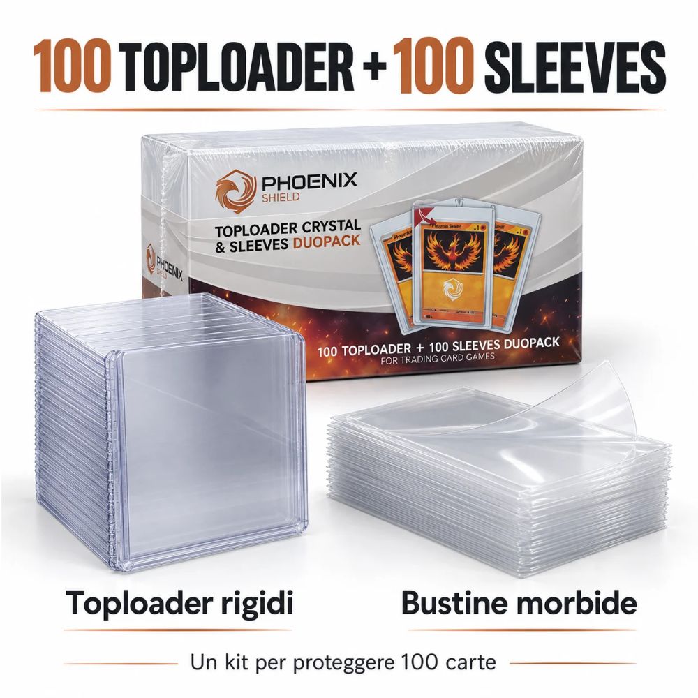 100 Toploader Crystal + 100 Sleeves Proteggi Carte Pokemon TCG Phoenix Shield