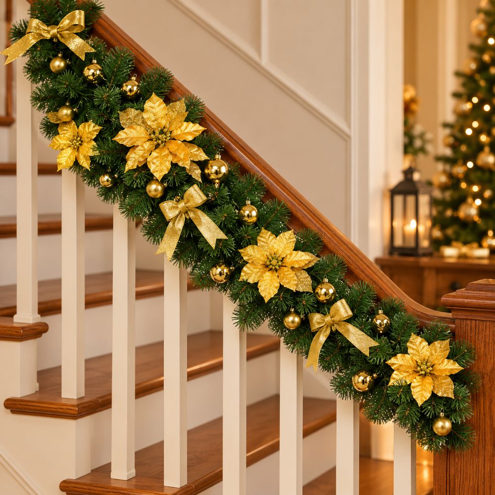 Ghirlanda Natalizia 2 Metri Verde con Fiori Fiocchi e Palline Oro Addobbo Casa