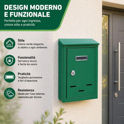 Cassetta Postale Verde Serratura 2 Chiavi 19x27cm Portalettere Esterno Targhetta
