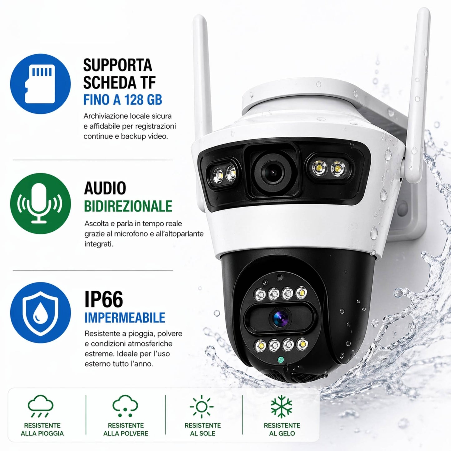 Telecamera wifi doppio obiettivo esterna senza fili hd notturna allarme sicurezza casa
