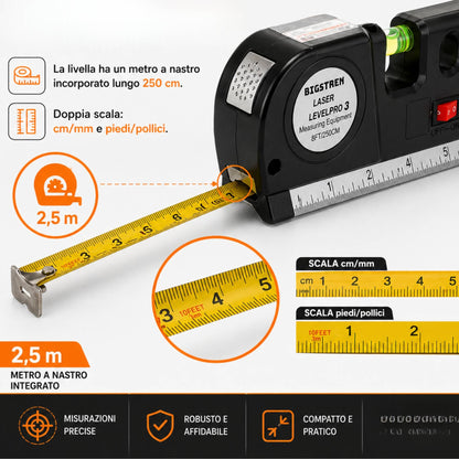 Livella Laser con Metro a Nastro 250 cm Misuratore Linee Multifunzione