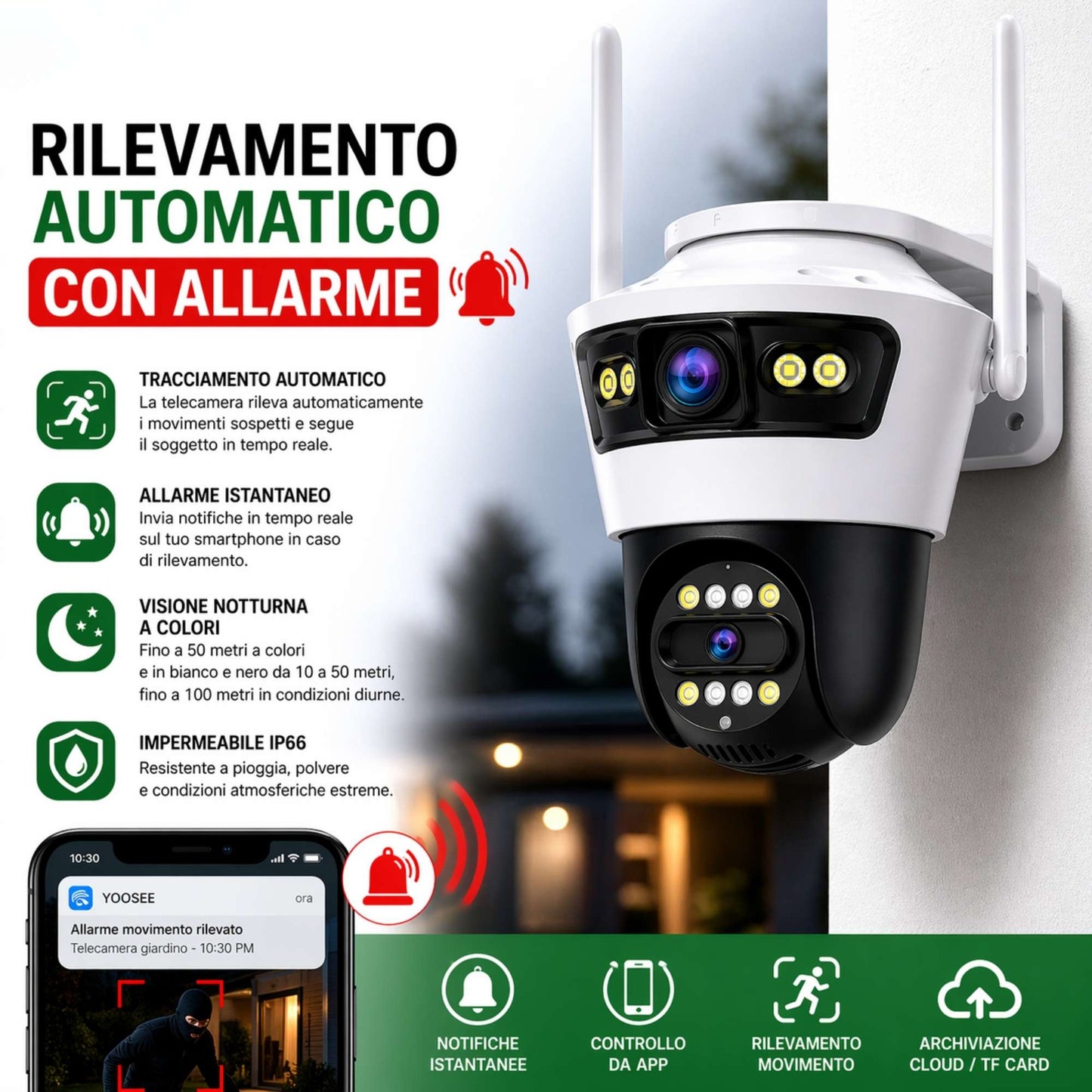 Telecamera wifi doppio obiettivo esterna senza fili hd notturna allarme sicurezza casa