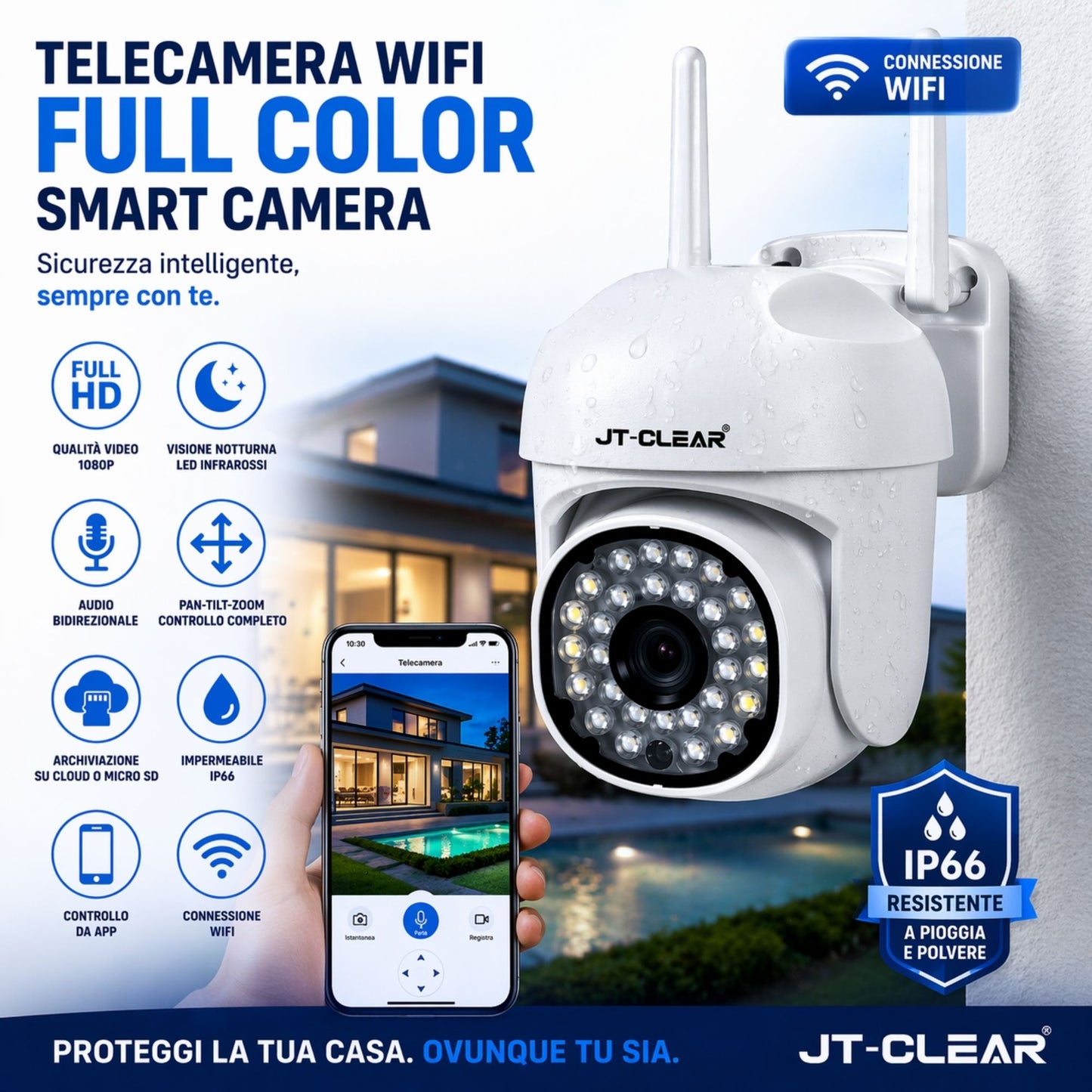 Telecamera WiFi Interno Esterno IP66 1080P HD PTZ Visione Notturna Audio App JT
