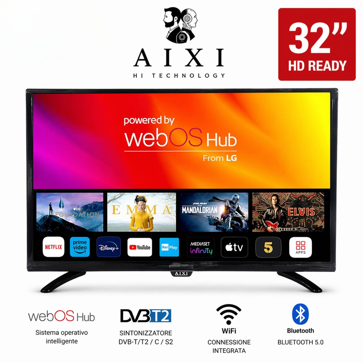 Tv Smart 32" AIXI Televisore LED HD Ready WiFi BT Dvbt-2 WebOS Hub HDMI USB
