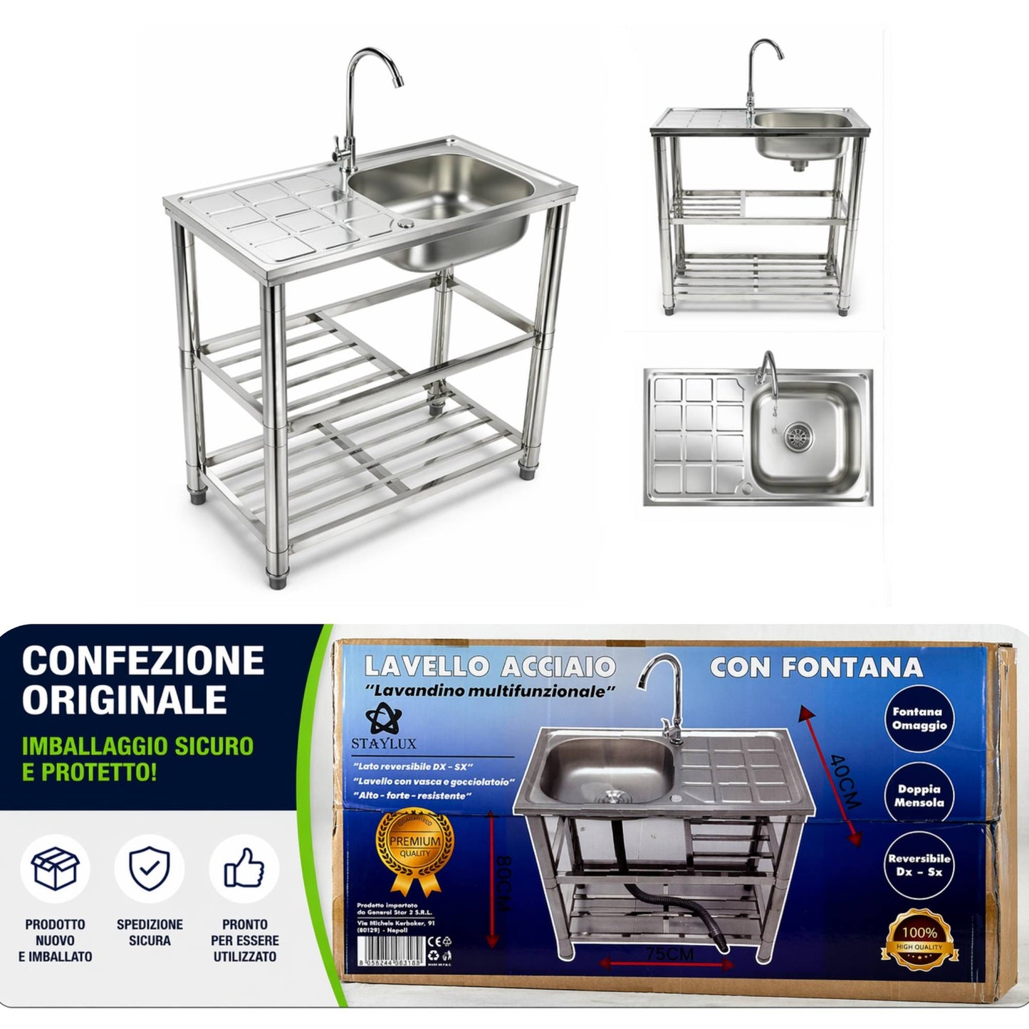 Lavello da Cucina Esterno Metallo con Rubinetto 75x40x83 cm Mobile Ripiani