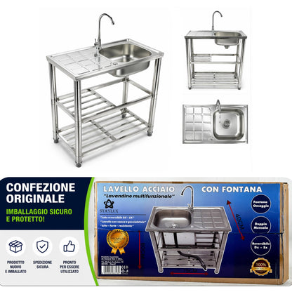 Lavello da Cucina Esterno Metallo con Rubinetto 75x40x83 cm Mobile Ripiani