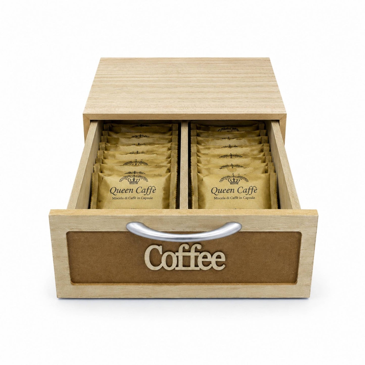 Cassetto Porta Cialde Caffè Legno Chiaro 2 Scomparti 30x20x10cm Maniglia Coffee